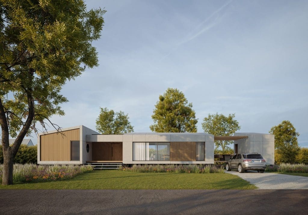 Ein digitales Rendering eines modernen, einstöckigen Hauses mit Flachdach, einer Mischung aus Beton- und Holzfassaden und einem modernen Auto, das in der Einfahrt geparkt ist.