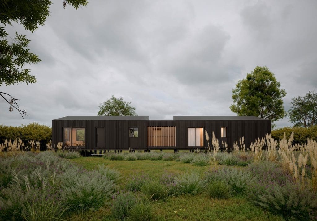 Ein digitales Rendering eines modernen, minimalistischen Hauses mit einer dunkelgrauen oder schwarzen Fassade und Holzakzenten, umgeben von hohem Gras und Bäumen unter einem bewölkten Himmel.