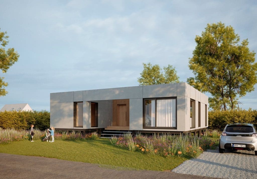 Ein digitales Rendering eines modernen, einstöckigen Hauses mit grauer Fassade, einem Kind, das mit einem Hund auf dem Rasen spielt, und einem Auto, das in der Einfahrt geparkt ist.