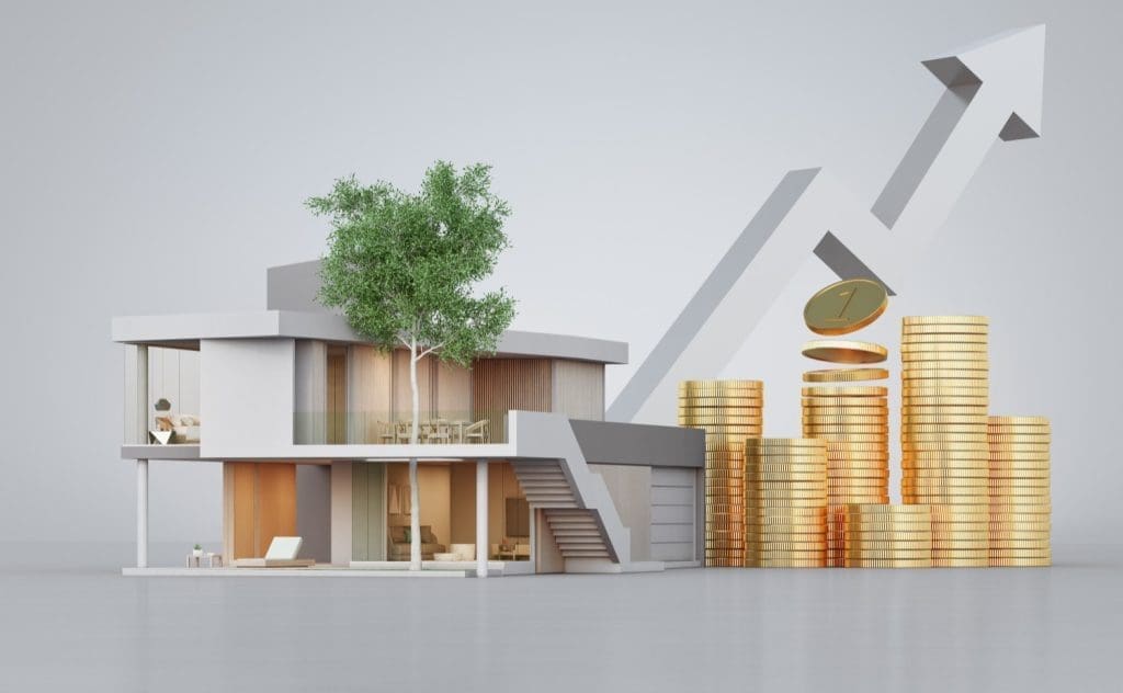 A modern house is next to growing stacks of gold coins and an upward-pointing arrow.
