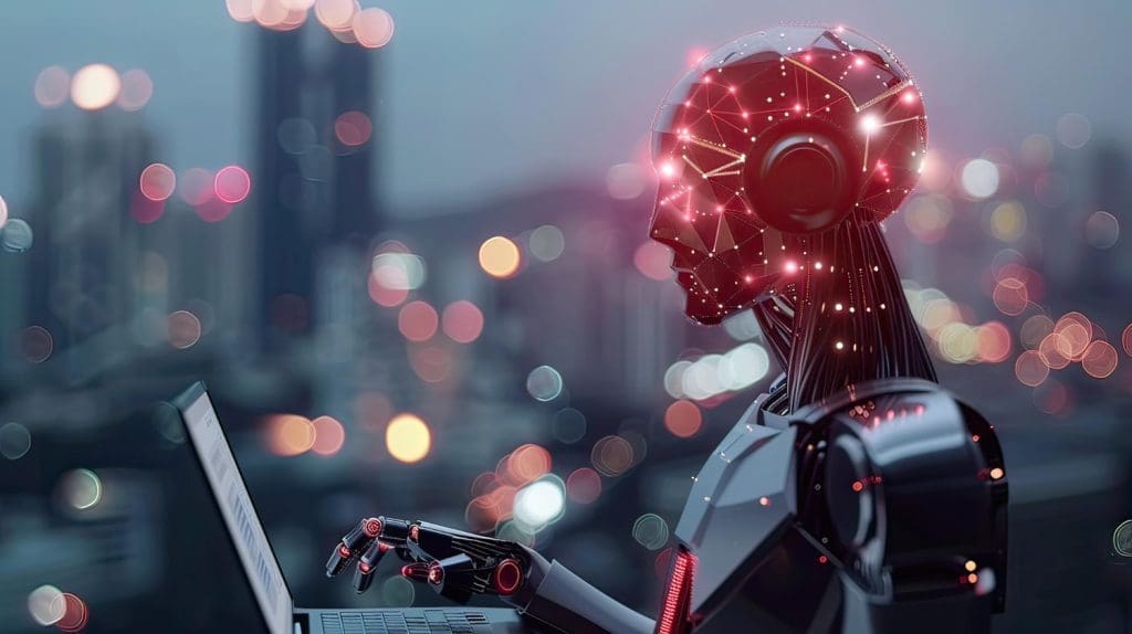 Ein humanoider Roboter arbeitet nachts an einem Laptop vor einer verschwommenen, leuchtenden Skyline.