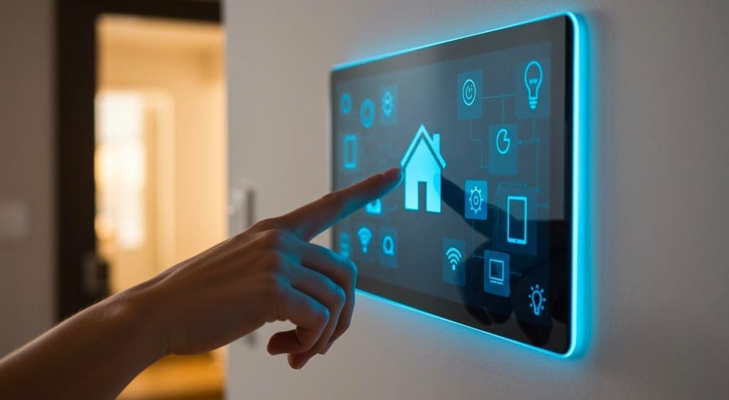 Hand berührt einen digitalen Bildschirm, der eine Smart-Home-Steuerungsoberfläche an einer Wand anzeigt.
