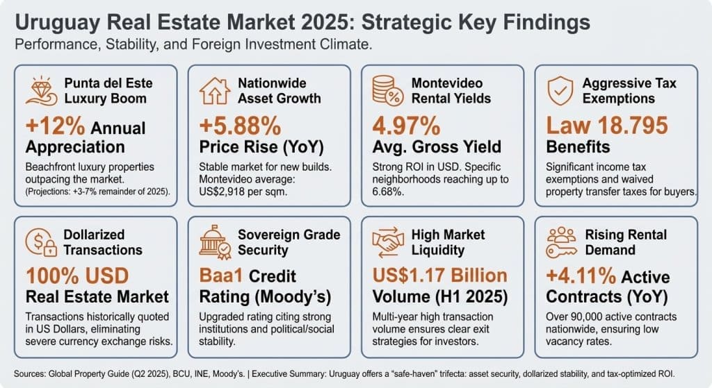 Infografik zur Zusammenfassung der wichtigsten Leistungsindikatoren und strategischen Erkenntnisse für die Prognosen des uruguayischen Immobilienmarktes für 2025.
