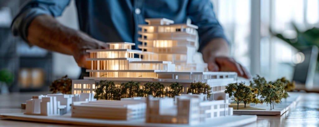 An architect works on a detailed, illuminated white scale model of a contemporary tiered building design.