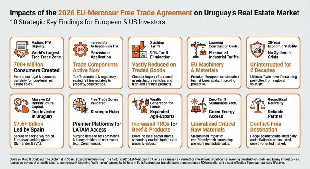 A strategic infographic outlining the ten major impacts of the EU-Mercosur FTA on the Uruguayan real estate market for European and US investors.
